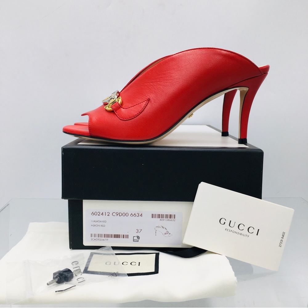 Gucci 602412 C9D00 6634 Red Leather Mid Heel Slide Sandals - Picture 9 of 13